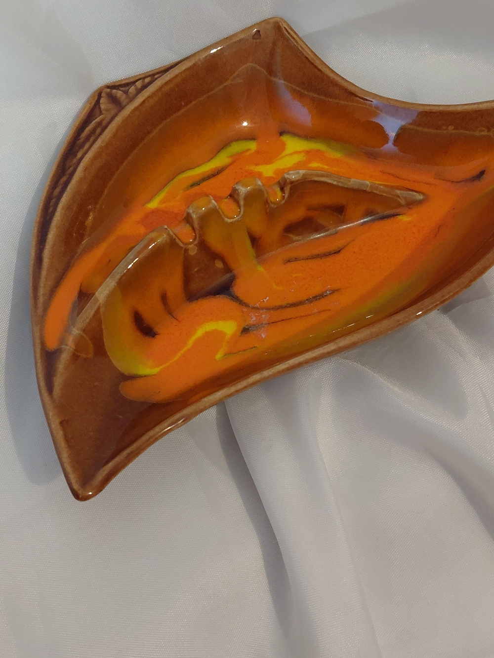 Hand-Painted Ceramic Ashtray in Brown with Orange and Yellow Glaze
